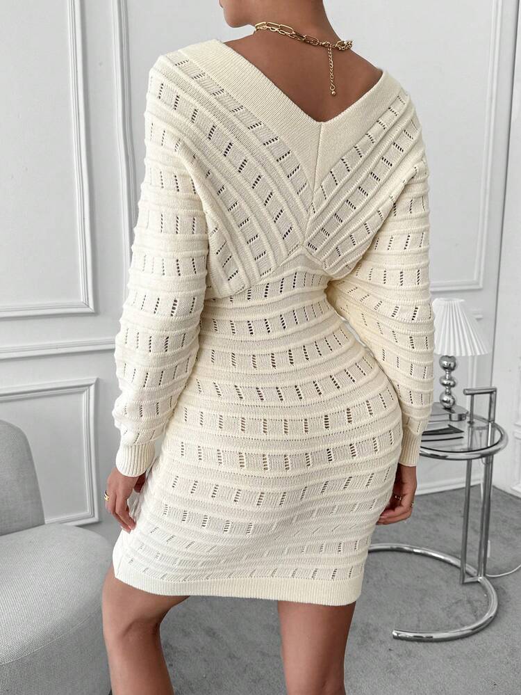 Batwing Sleeve Pointelle Knit Sweater Dress Fall Winter Cloth For Women