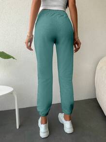 SHEIN Cottnline Drawstring Waist Slant Pocket Cargo Pants - Cadet Blue - View 2