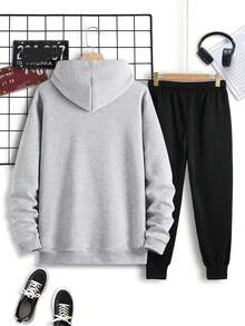 Men's Letter Print Drawstring Hooded Fleece Sweatshirt And Sweatpants Two-piece Set - Light Grey - View 2