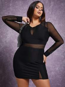 SHEIN Unity Plus Contrast Mesh Bodycon Dress - Black - View 4