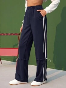 VARSITIE 拼接假兩件款式衛生褲 - 藍色 - 查看 1