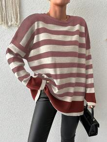 EURMUSE 女式圓領條紋垂墜肩寬鬆毛衣 - 乾枯玫瑰色 - 查看 6