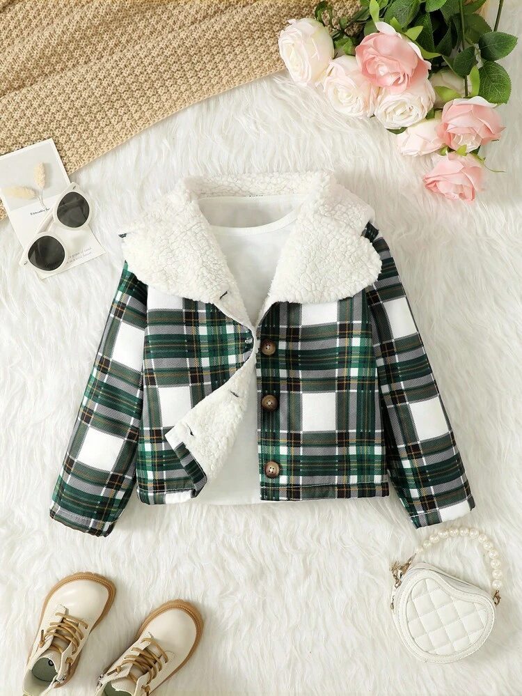 Young Girl Plaid Print Teddy Lined Coat