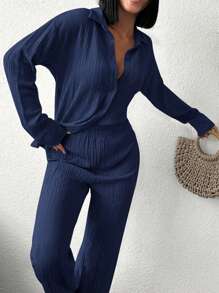 RueChic Solid Button Front Shirt & Pants Sets - Navy Blue - View 6