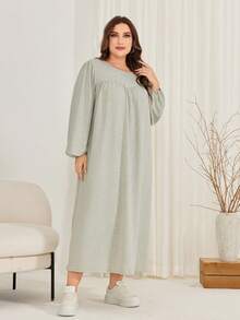 Mulvari Vestido De Manga De Linternón De Talla Grande Con Color Sólido - Gris - Ver 6