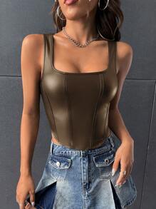 SHEIN BAE 纯色 PU 皮革背心 - 咖啡棕 - 查看 1