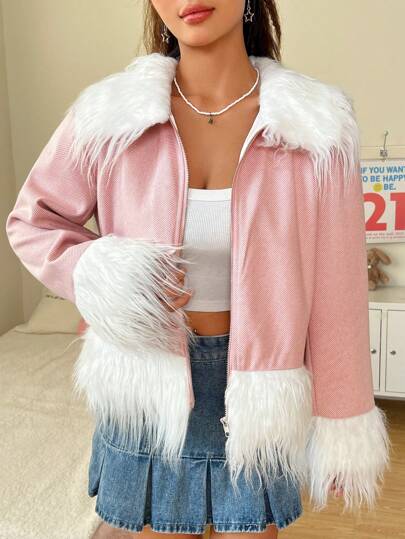 SHEIN EZwear Fluffig kant Dragkedja Överkappor