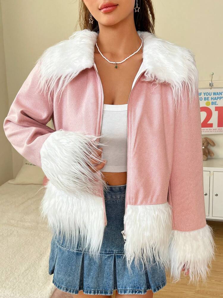 Fuzzy Trim Zip Up Overcoat