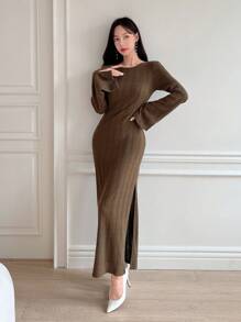 SHEINNeu Women's High Slit Dress - Brown - View 1