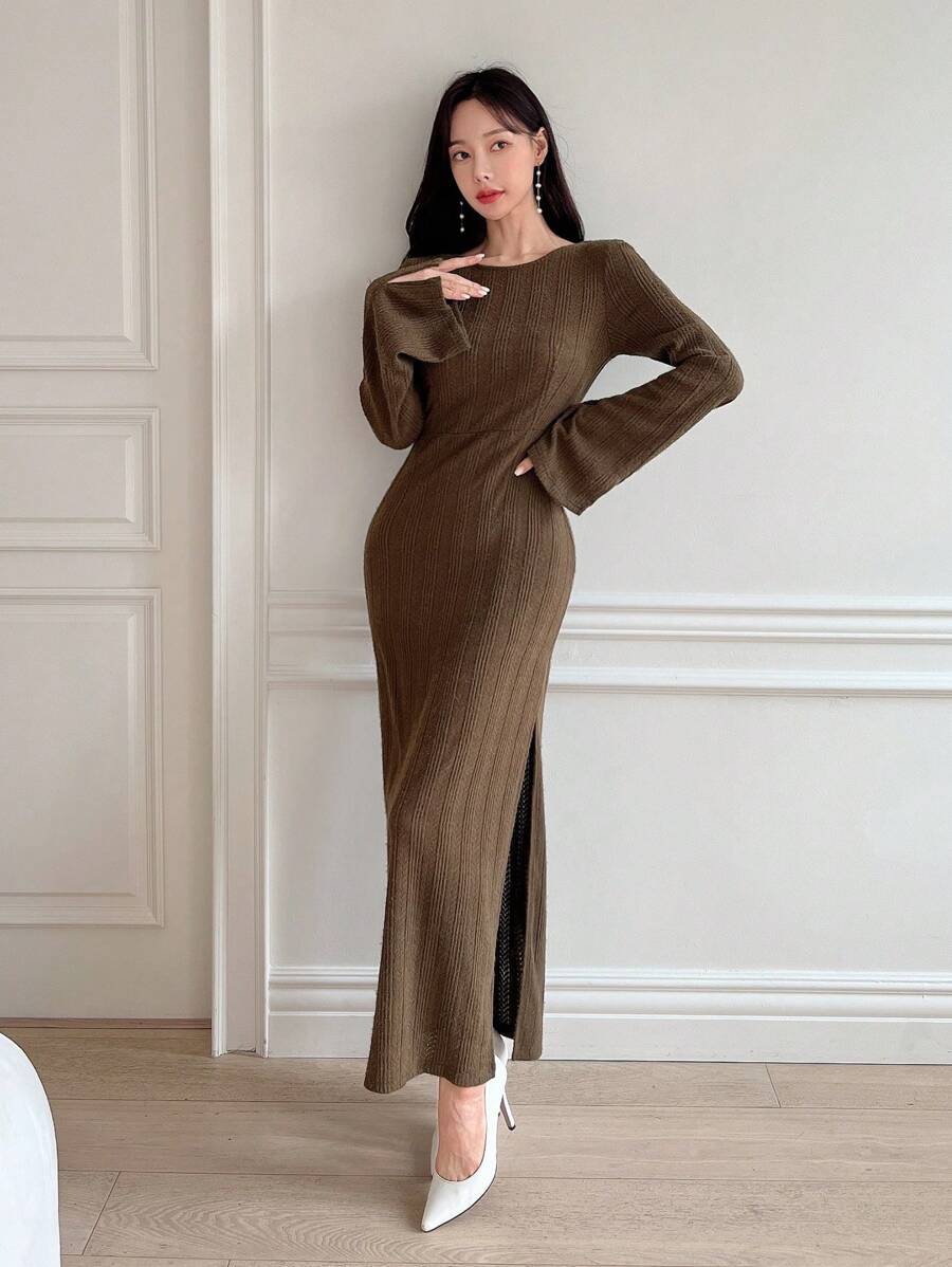 SHEINNeu Women's High Slit Dress - Brown - View 1