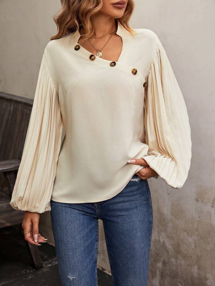 Button Detail Lantern Sleeve Blouse
