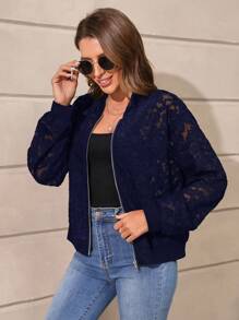 SHEIN LUNE Zip Up Lace Bomber Jacket - Navy Blue - View 5