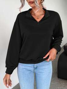 SHEIN Essnce 女款純色半拉鍊衛衣 - 黑色 - 查看 3