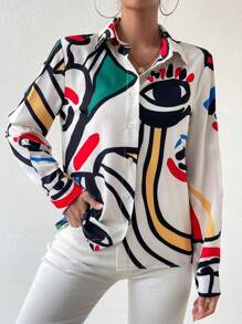 Chiquease Camisa De Botones Estampado De Dibujos Animados Con Mangas Enrolladas - Multicolor - Ver 6