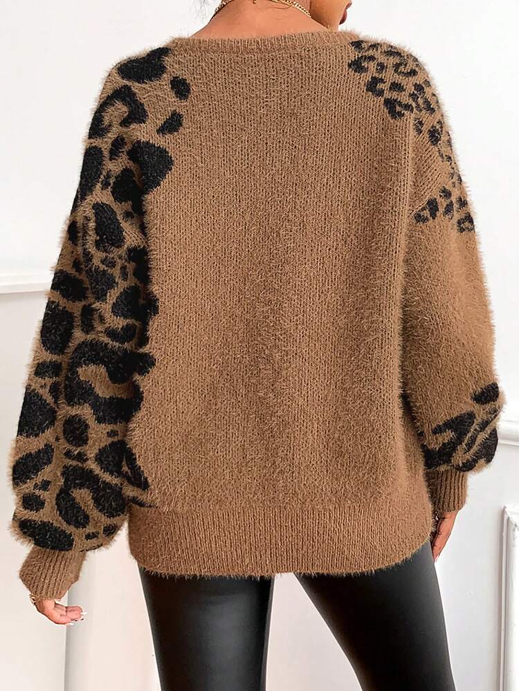 Leopard Pattern Drop Shoulder Knit Pullover Fall Winter Sweater