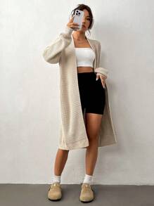 SHEIN Unity Áo khoác cardigan thả vai trơn - Màu be - Xem 3