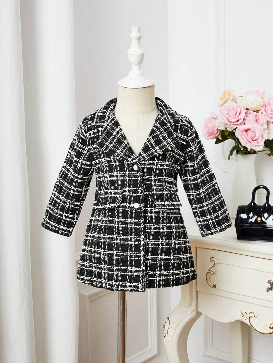 Baby Girl Plaid Pattern Lapel Neck Tweed Overcoat Without Sweater - Black and White - View 1