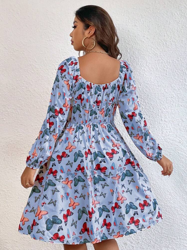 Plus Butterfly Print Knot Front Lantern Sleeve Dress