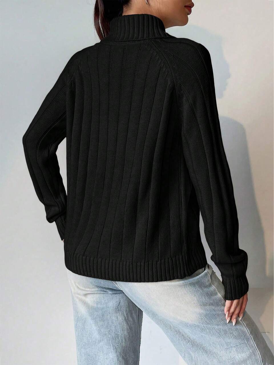 Turtleneck Raglan Sleeve Ribbed Knit Sweater,Long Sleeve Tops Knit Pullover Fall Winter Sweater