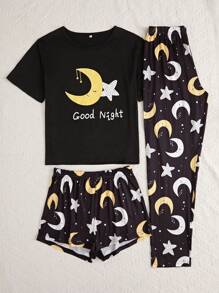 3 件套女士卡通字母印花睡衣套装 - 彩色 - 查看 5