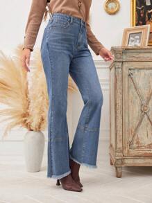 SHEIN LUNE High Waist Raw Hem Flare Leg Jeans