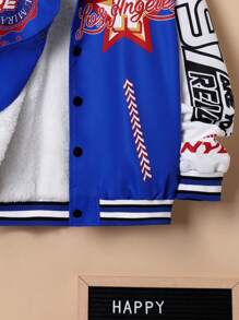 SHEIN Tween Boy Letter Graphic Contrast Collar Thermal Lined Jacket - Black - View 3