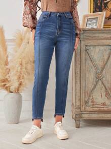 SHEIN LUNE High Waist Seam Front Skinny Jeans - Dark Wash - View 1