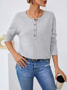 SHEIN LUNE Button Front Drop Shoulder Tee - Light Grey - View 3