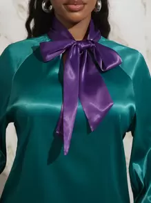 Slaydiva Tie Neck Lantern Sleeve Satin Blouse - Multicolor - View 3