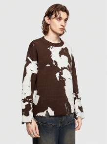 ROMWE MEN Street Life Men Colorblock Round Neck Sweater - Coffee Brown - View 3