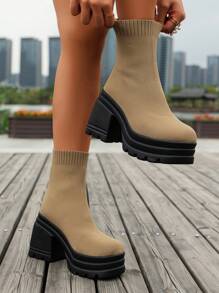 秋冬女式休闲厚底针织过膝长靴时尚高跟弹力袜靴加大码踝靴