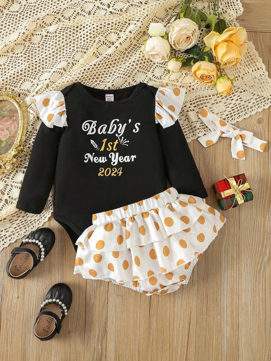 Baby Girl Slogan Graphic Ruffle Trim Bodysuit & Polka Dot Shorts - Black - View 1