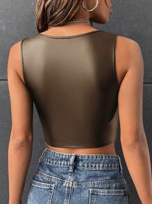 SHEIN BAE 纯色 PU 皮革背心 - 咖啡棕 - 查看 2