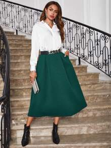 SHEIN Clasi Solid High Waist Skirt Without Belt - Green - View 5