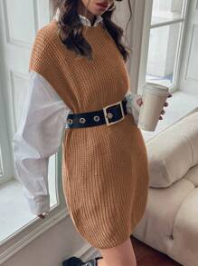 SHEIN Essnce Solid Round Neck Knit Top Without Blouse & Belt - Rust Brown - View 1