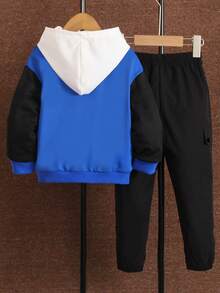 SHEIN Young Boy Letter Graphic Colorblock Drop Shoulder Hooded Jacket & Sweatpants Without Tee - Blue - View 2