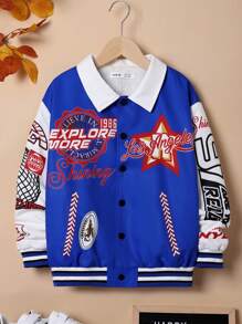 SHEIN Tween Boy Letter Graphic Contrast Collar Thermal Lined Jacket - Black - View 4