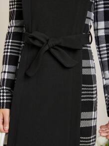 SHEIN Tween Girls' Girls' Plaid Patchwork Belted Dress - Black and White - View 3