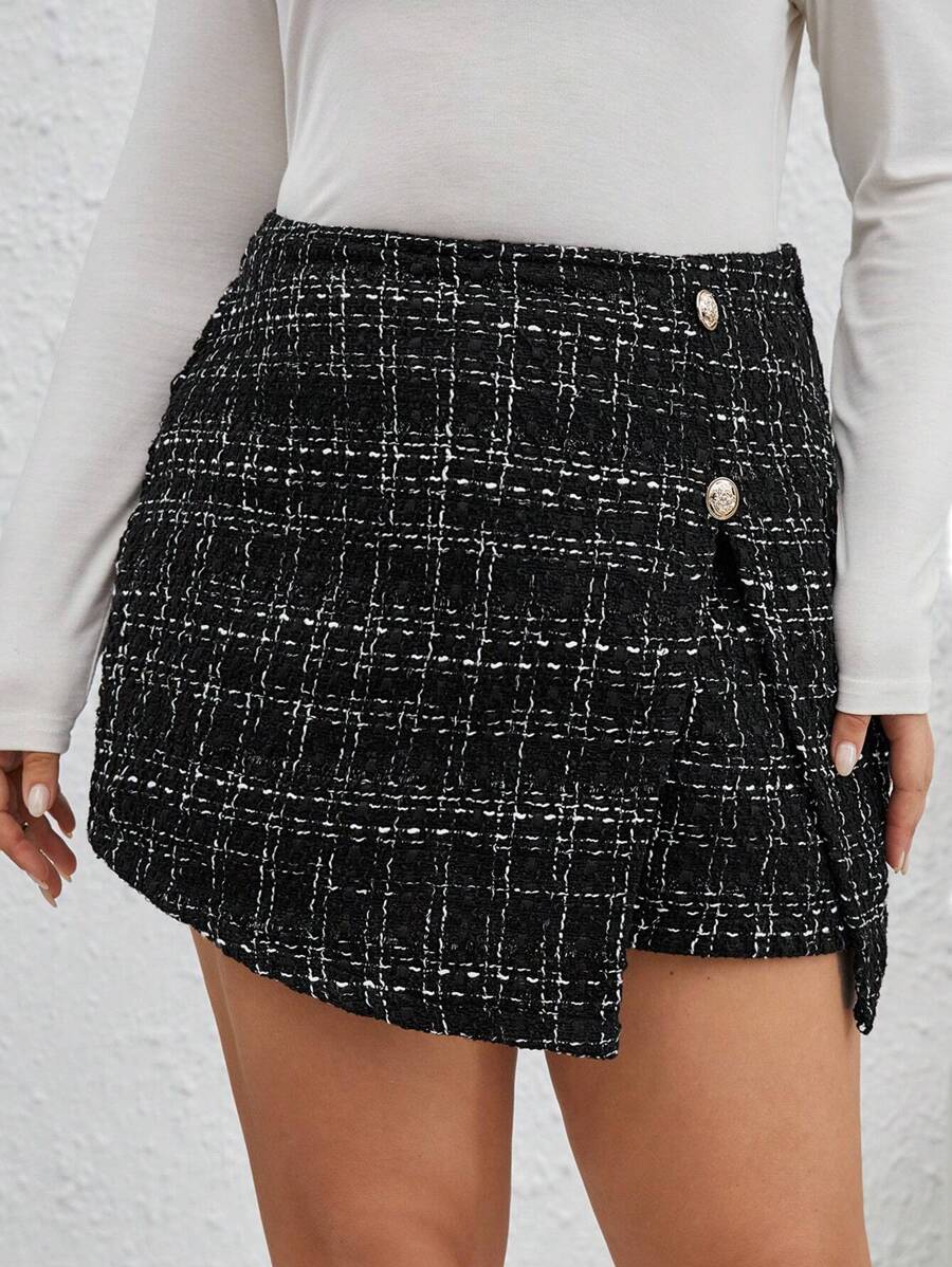 SHEIN Frenchy Plus Plaid Pattern Button Front Wrap Skirt - Black - View 1
