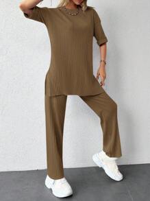 EURMUSE Của phụ nữ Thả vai Đồ đan Ribbed Áo Và Quần Bộ - Lạc đà - Xem 5