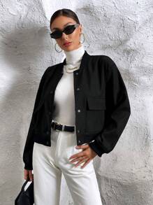 Túi có nắp Thả vai Áo khoác bomber - màu đen - Xem 1