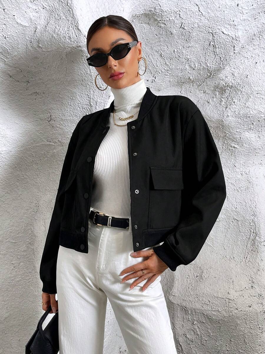 Túi có nắp Thả vai Áo khoác bomber - màu đen - Xem 1