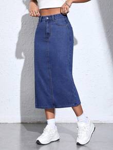 SHEIN PETITE Tách đùi Váy Denim - Rửa tối - Xem 5