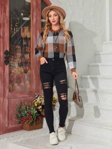 SHEIN LUNE Ripped Raw Hem Skinny Jeans - Black - View 5