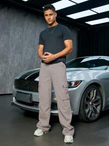 Men Flap Pocket Side Cargo Pants - Apricot - View 4