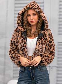 Women's Fashionable Leopard Print Faux Fur Hooded Jacket, Comfortable Flannel Long Sleeve Short Coat - Coffee Brown - View 1