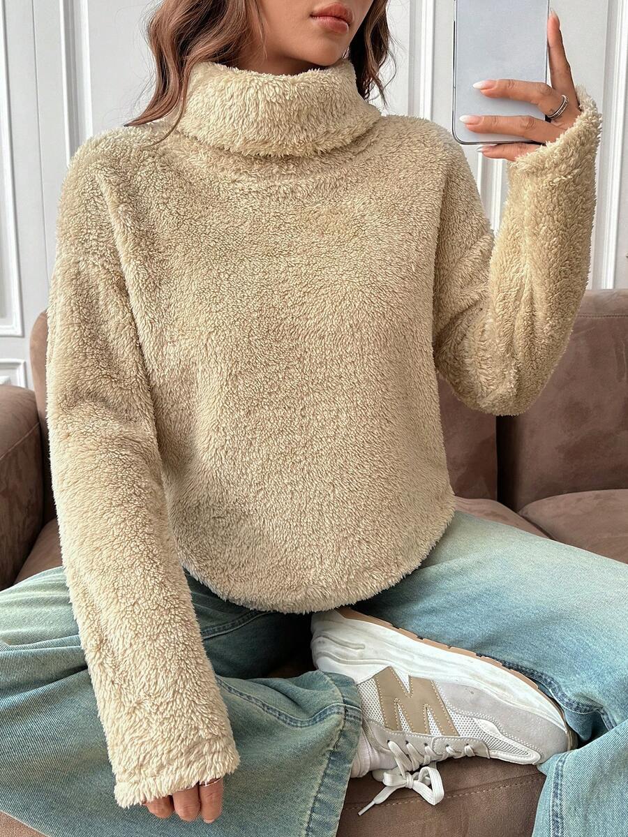 SHEIN EZwear Áo cao cổ Thả vai 	
Fuzzy Áo nỉ - Màu be - Xem 1