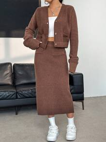 SHEIN Essnce Solid Button Front Cardigan & Knit Skirt - Coffee Brown - View 1