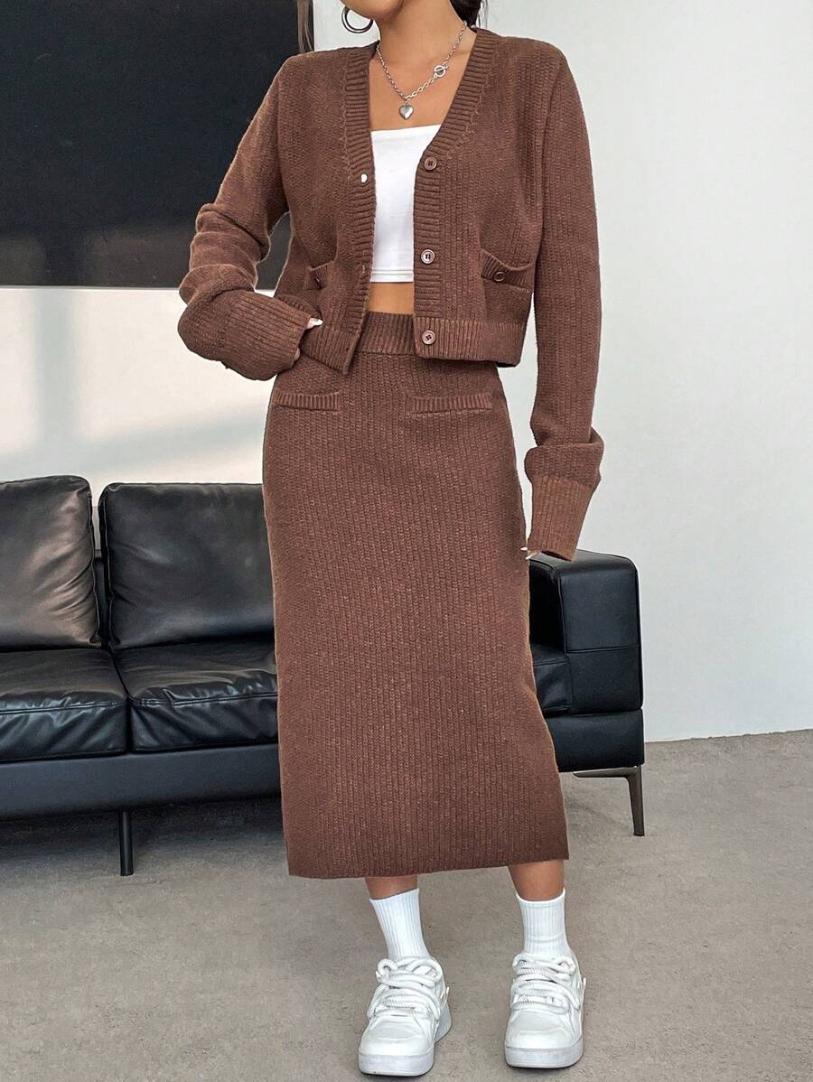 SHEIN Essnce Solid Button Front Cardigan & Knit Skirt - Coffee Brown - View 1