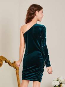 Tween 女孩針織短毛絨一肩連身裙,飾有珠子 - 墨綠色 - 查看 2